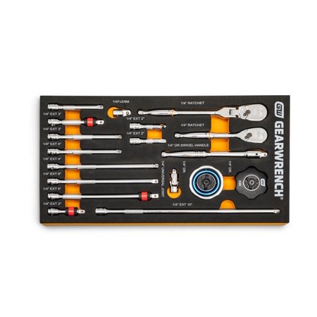 

Gearwrench KDT-86520 18 Pc. 1/4 Drive 90t Ratchets & 1/4 Drive Tool Accessories Set In Eva Foam Tray