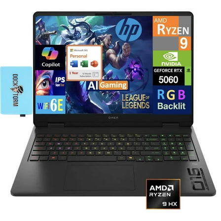 HP OMEN AI Gaming Laptop 16.0in 144Hz IPS WUXGA Display (AMD Ryzen 9 8940HX, NVIDIA GeForce RTX 5060 8GB, 64GB DDR5, 4TB PCIe SSD, Win 11 Pro) w/Microsoft 365 Personal , DKZ USB Port Expander