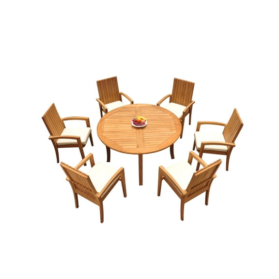 Grade-A Teak Dining Set: 6 Seater 7 Pc: 52" Round Table And 6 Goa Stackng Arm Chairs Outdoor Patio WholesaleTeak #51GO0307