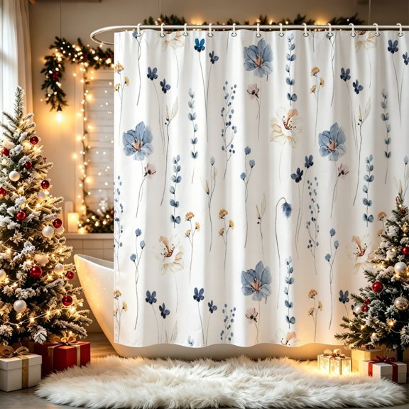 Watercolor Blue Minimalist Floral Print Shower Curtain (70.8x70.8inch), Simple Cool Tone Floral Modern Aesthetic Bathroom Decor