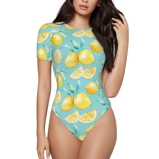 Fotbe Yellow Lemon Body de Mujer con Cuello Redondo y Mangas Cortas, Sin Mangas Ajustado, Suave, Cómodo y Básico-Large
