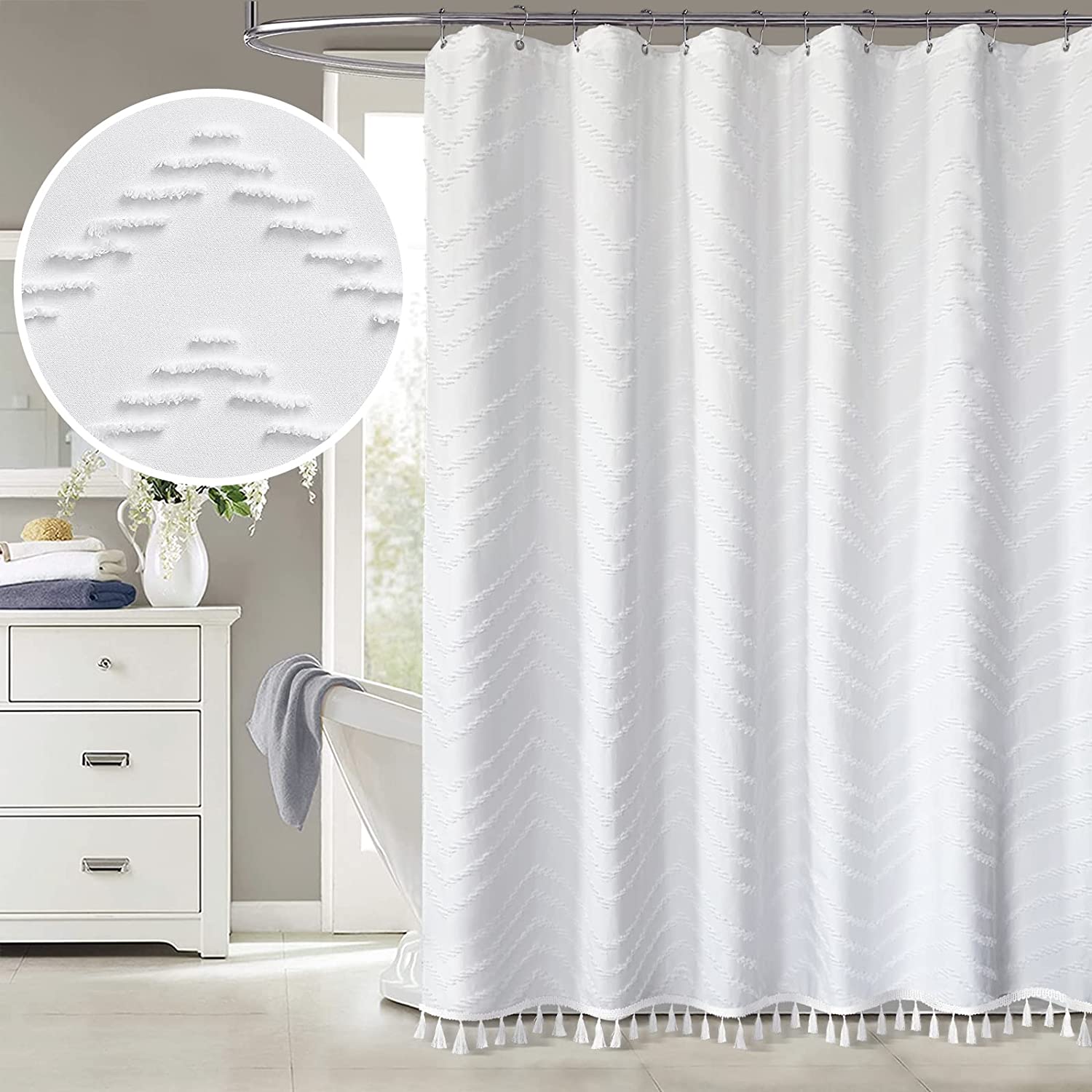 White Shower Curtain Boho Shower Curtain with Tassle Chenille Textured