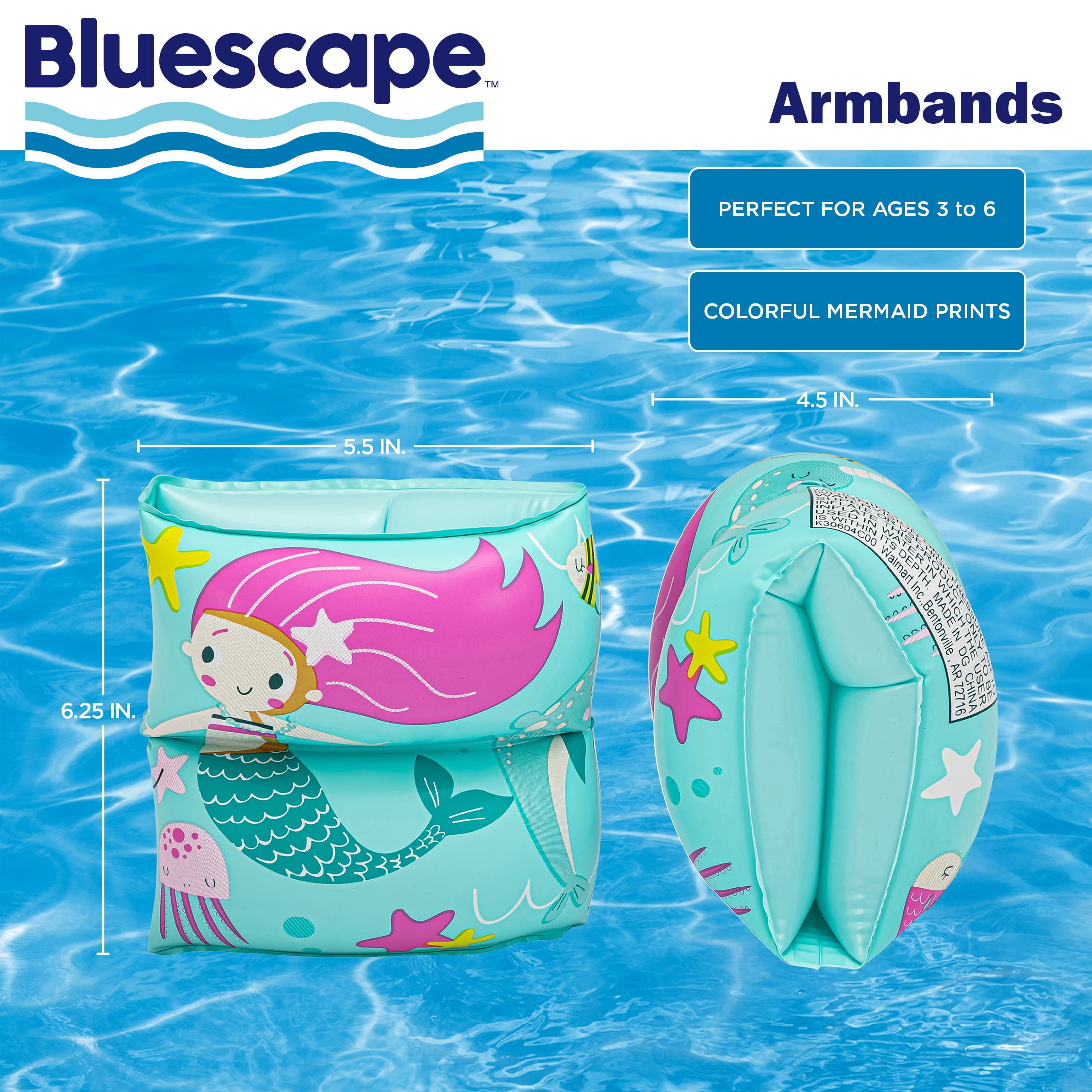 Bluescape Mermaid Inflatable Printed Kids Armbands for Swimming and Floating, Ages 3 to 6, Unisex