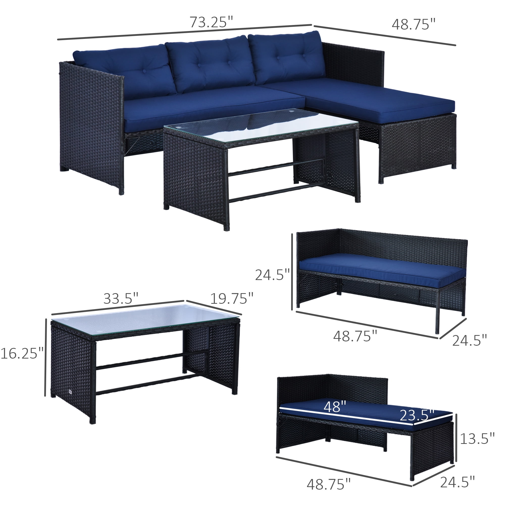 Outsunny 3 Piece Patio Furniture Set, Rattan Outdoor Sofa Set with Chaise Lounge & Loveseat, Soft Cushions, Table, L-Shaped Sectional Couch, Blue