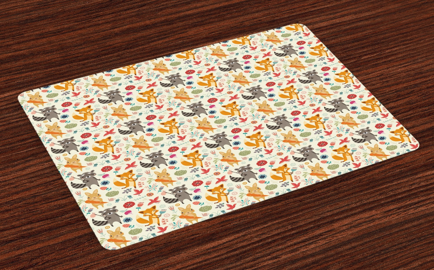 Cartoon Animal Placemats Set of 4 Cute Pattern with Raccoon Rabbit and