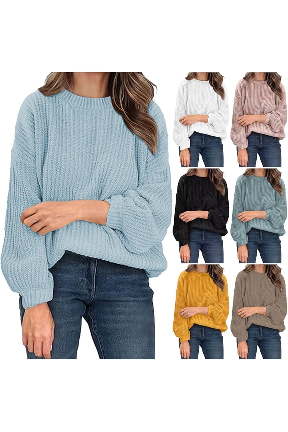 Women's Sweaters Acrylic Crew Neck Ribbed Pullover Solid Color Casual Basic Cozy Loose Long Sleeve Tops Warm Fall Winter Clothes