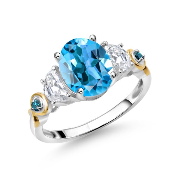 Gem Stone King 925 Silver and 10K Yellow Gold 3-Stone Ring Oval Swiss Blue Topaz and Moissanite (2.76 Cttw, Size 5)