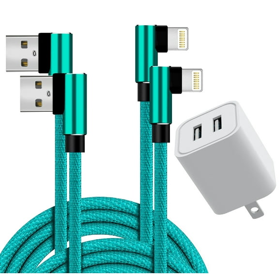 Charger, 2-Port Travel Adapter 2.4A Cube with 2-Pack 6FT Nylon Braided Cables Charging Charge Cable Cords Compatible with iPhone X/8 Plus/7 Plus/6S/6 Plus/5/5S/5C/XS/XR/XS Max/iPad Case - Teal