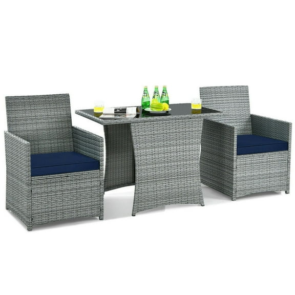 YYAo Patio Seating Sets,Outdoor Living Room Sets,3 Pieces Patio Rattan Furniture Set with Cushioned Armrest Sofa-Navy