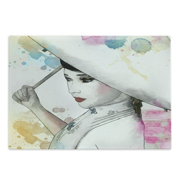 East Cutting Board, Eastern Woman Girl with Oriental Umbrella Drawing with Watercolor and Brushstrokes, Decorative Tempered Glass Cutting and Serving Board, Large Size, Multicolor, by Ambesonne