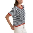thumbnail image 4 of INSPIRE CHIC Women's Summer Short Sleeve Round Neck Trendy Pullover Striped Knitted T Shirt S Black, 4 of 6
