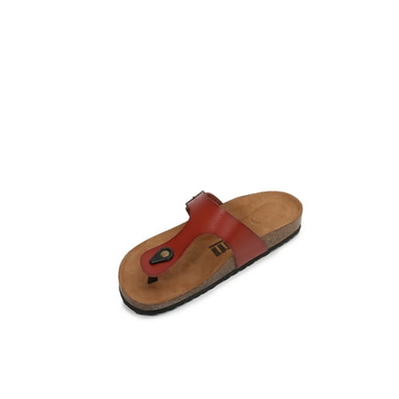 

Women Soft Cork Footbed PU Leather Hook and Loop T Strap Flip Flops (Premium PU Red / 8 )