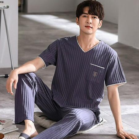 

QWZNDZGR Plus Size 5XL Summer Elegant Men Pyjamas Knited Cotton Pajamas Sets Long Pants Sleepwear Pyjamas Nightwear Pijamas Homewear PJ