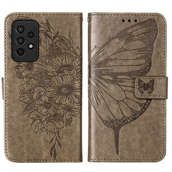Wallet Case for Samsung Galaxy A33 5G 6.4 Inch with Wrist Strap Card Holder Slots Kickstand Flip Folio Case, Butterfly Pattern PU Leather Luxury Bracket Shockproof Protective Phone Cover,Gray