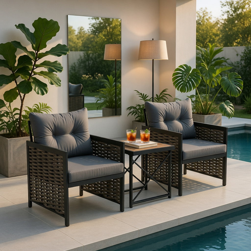Hommoo 3-Piece Outdoor Rattan Patio Furniture Set – 2 Armchairs + Coffee Table with Acacia Wood Top, Rust-Resistant Black Metal Frame, Gray