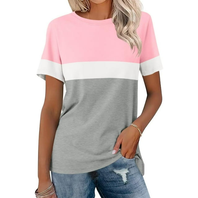UPPADA T-Shirts à Blocs de Couleur et de Couleur Unie pour Femmes, Manches Courtes, Col Rond, T-Shirts d'Été Décontractés, T-Shirts Fluides Tendance, Blouses, Rose, m