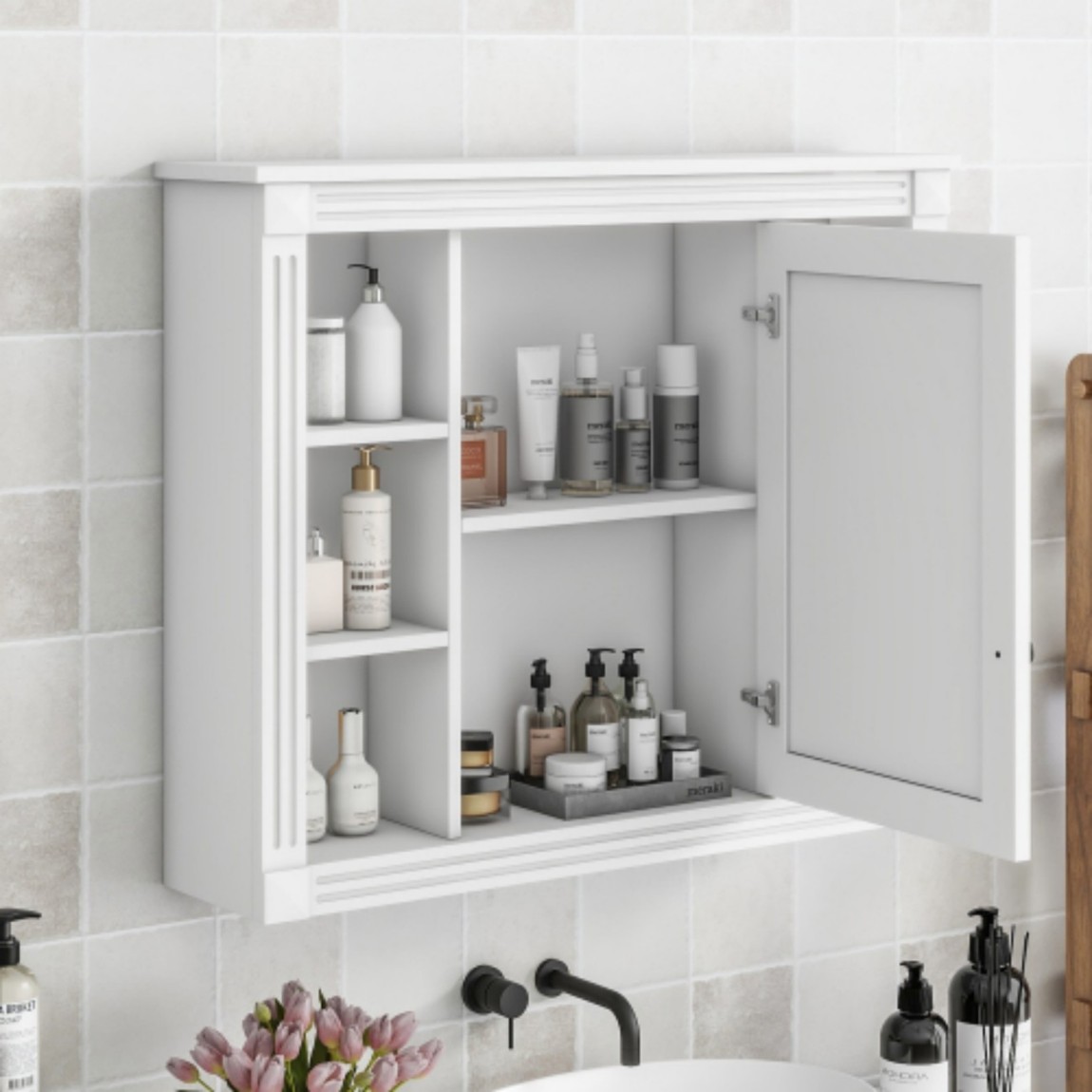 35"x 28" Wall Mounted Bathroom Medicine Cabinet with Mirror, Adjustable Shelves, Open Storage, Towel Bar, MDF Bathroom Storage Cabinet, White