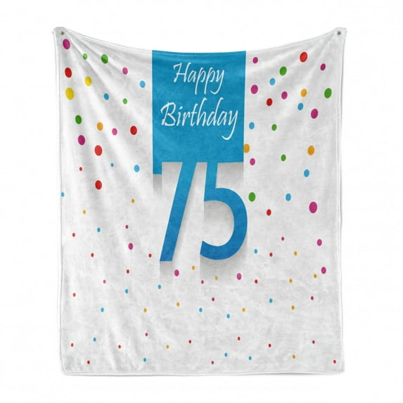75th Birthday Soft Flannel Fleece Throw Blanket, Colorful Rain with Polka Dots Hand Written Celebration Party Theme, Cozy Plush for Indoor and Outdoor Use, 70" x 90", Multicolor, by Ambesonne