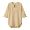 thumbnail image 4 of 3/4 Length Sleeve Womens Tops Plus Size Summer Tops Work Tops Women's Oversized T-Shirts Linen Shirts Vacation Outfits Cotton Linen Tops Womens Tops Womens Linen Tops Quarter Sleeve Tops Beige L, 4 of 7