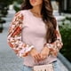 thumbnail image 4 of Suéter de mujer con estampado de empalme, manga acampanada, cuello redondo, informal, Jersey de punto para mujer, Top para Otoño Invierno, rosa, XXL, 4 of 6