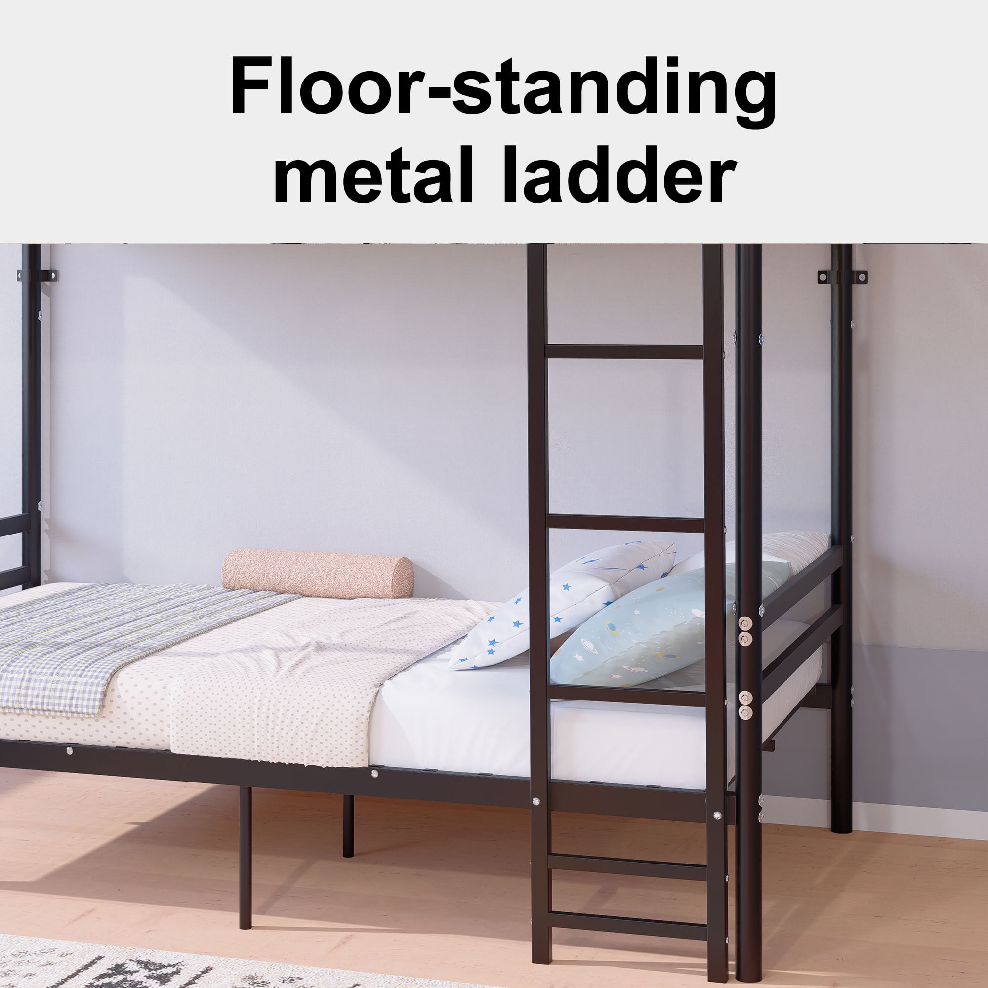 MAYEERTY Twin Over Twin Metal Bunk Bed, Heavy Duty Frame with Ladder and Guardrail for Kids Adults, Black