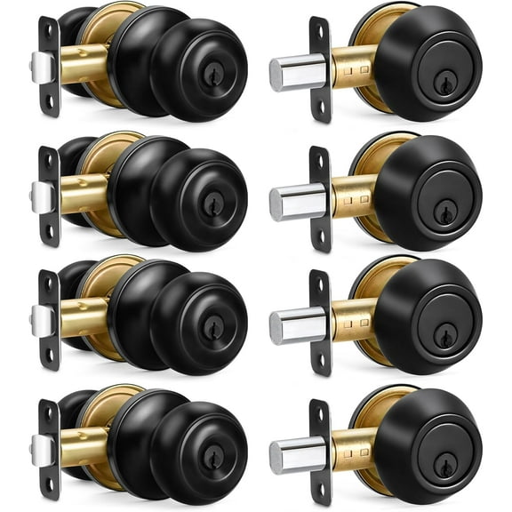 4 Sets Entry Door Knob and Single Cylinder Deadbolt Combo Set, Keyed Alike Round Ball Matte Black Exterior Door Knobs with Lock and Keys for Entrance and Front Door
