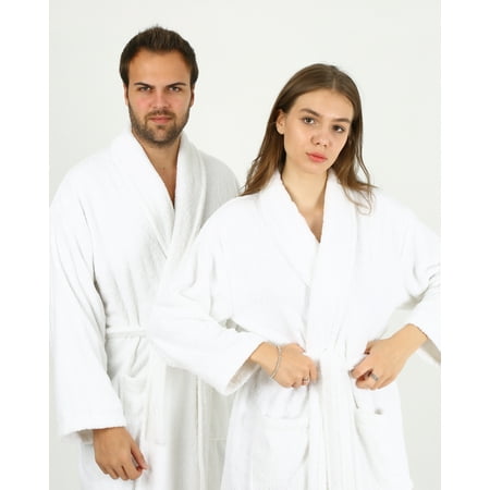 HALLEY Luxury Bathrobe for Women & Men, Shawl Collar Spa Bath Robes Terry Cotton Ultra Soft Shower Robe with Pockets - White (L)