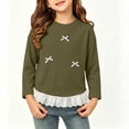 thumbnail image 2 of ITSAME Girls Long Sleeve T-Shirt Bow Lace Ruffle Hem Crew Neck Knit Ribbed Shirt Kids Fashion Casual Tops Army Green Size 6, 2 of 10