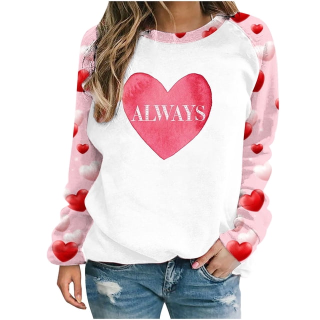 VALMASS Chandails en Molleton à Col Rond pour Femmes, Manches Raglan, Mode Décontractée, Imprimé Cœur, Blouses à Enfiler (2TG, E Rose)