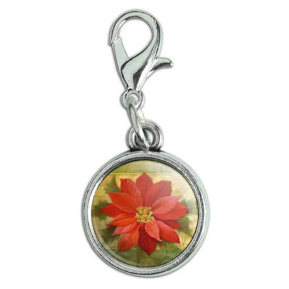 Christmas Holiday Poinsettia Flower Crown Antiqued Bracelet Pendant Zipper Pull Charm with Lobster Clasp