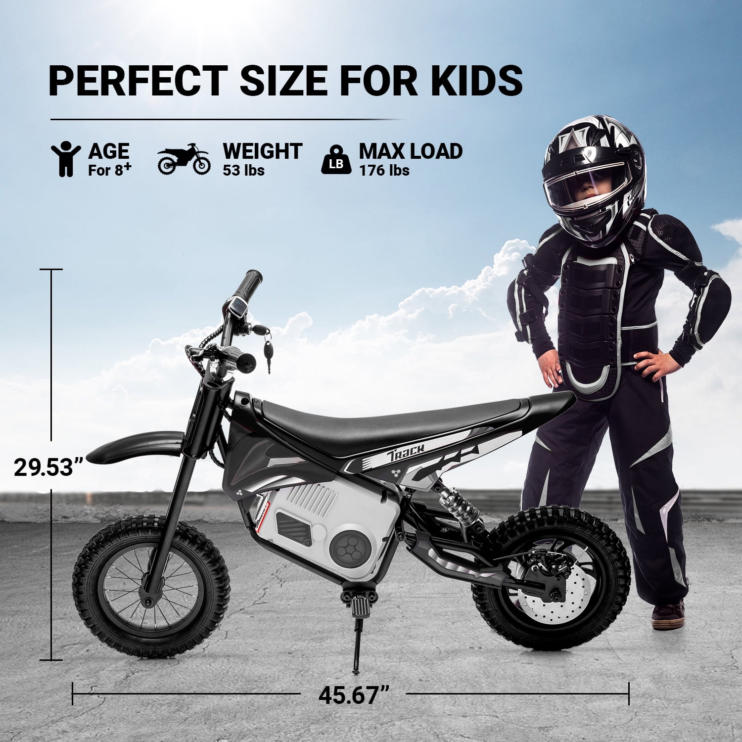 Track Seven 24V Electric Dirt Bike, 250W Ride on Motorcycle with Twist Grip Throttle, Hand-Operated Dual Brakes, Speed Up to 10 MPH, for Age 8-12, Black
