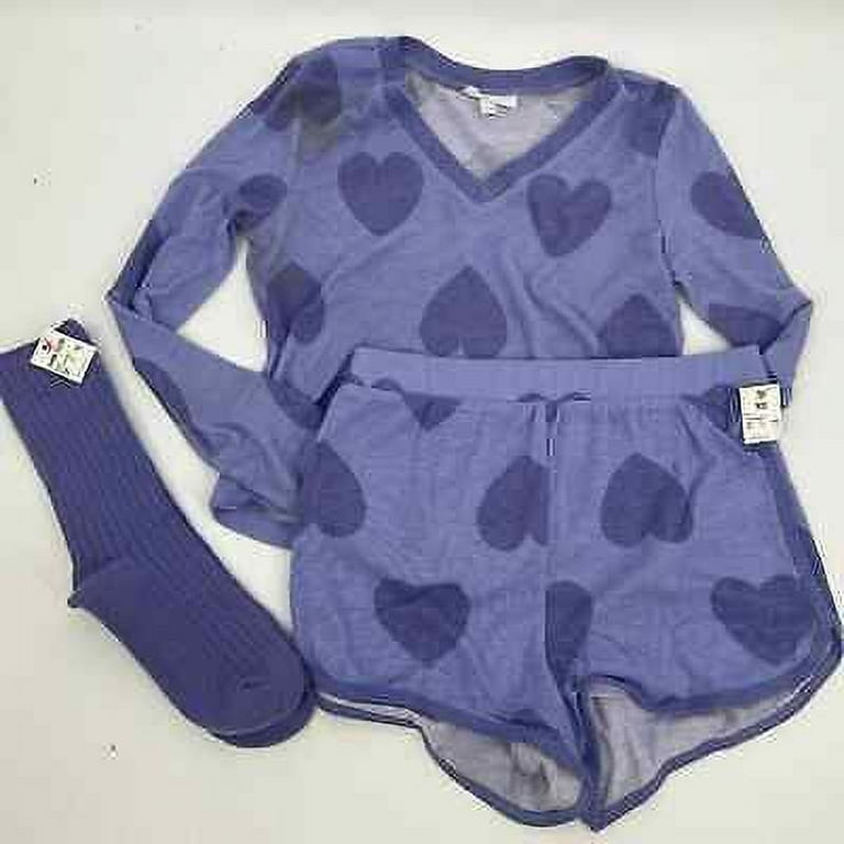 Colsie Women's Top & Bottom Three Piece Heart Print Pajama Set Purple XS  NWT 