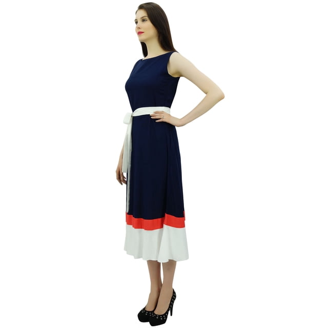 Bimba Robe d'Été Mi-Mollet pour Femmes, Unie avec Volants et Ceinture en Tissu