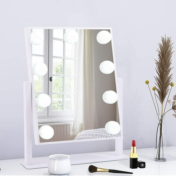 Lighted Makeup Mirror Hollywood Mirror Vanity Mirror with Lights, Touch Control Design 3 Colors Dimable LED Bulbs, Detachable 10X Magnification, 360°Rotation, (White) 12" L x 14" W