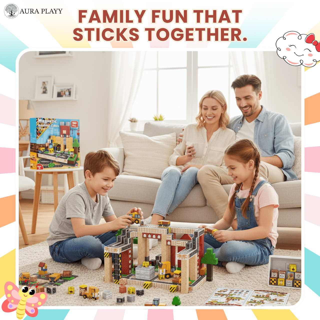 AURA PLAYY Magnetic Building Blocks for Kids: 100 PCS 3D Creative Construction Set | Strong Magnets, STEM Learning, Open-Ended Play, Fine Motor & Imagination Development, Safe Large Blocks Ages 3+