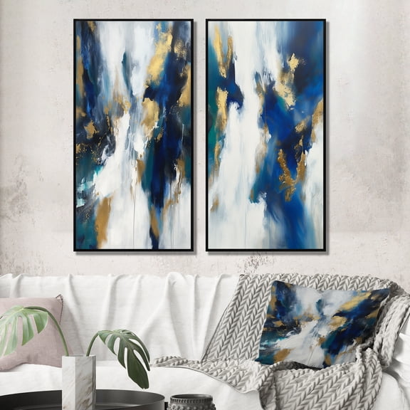 Designart "Cerulean Reverie Abstract Fusion in Blue and Gold" Abstract Painting Framed Wall Art Set Of 2 - Modern Gold Framed Canvas Set For Living Room Decor