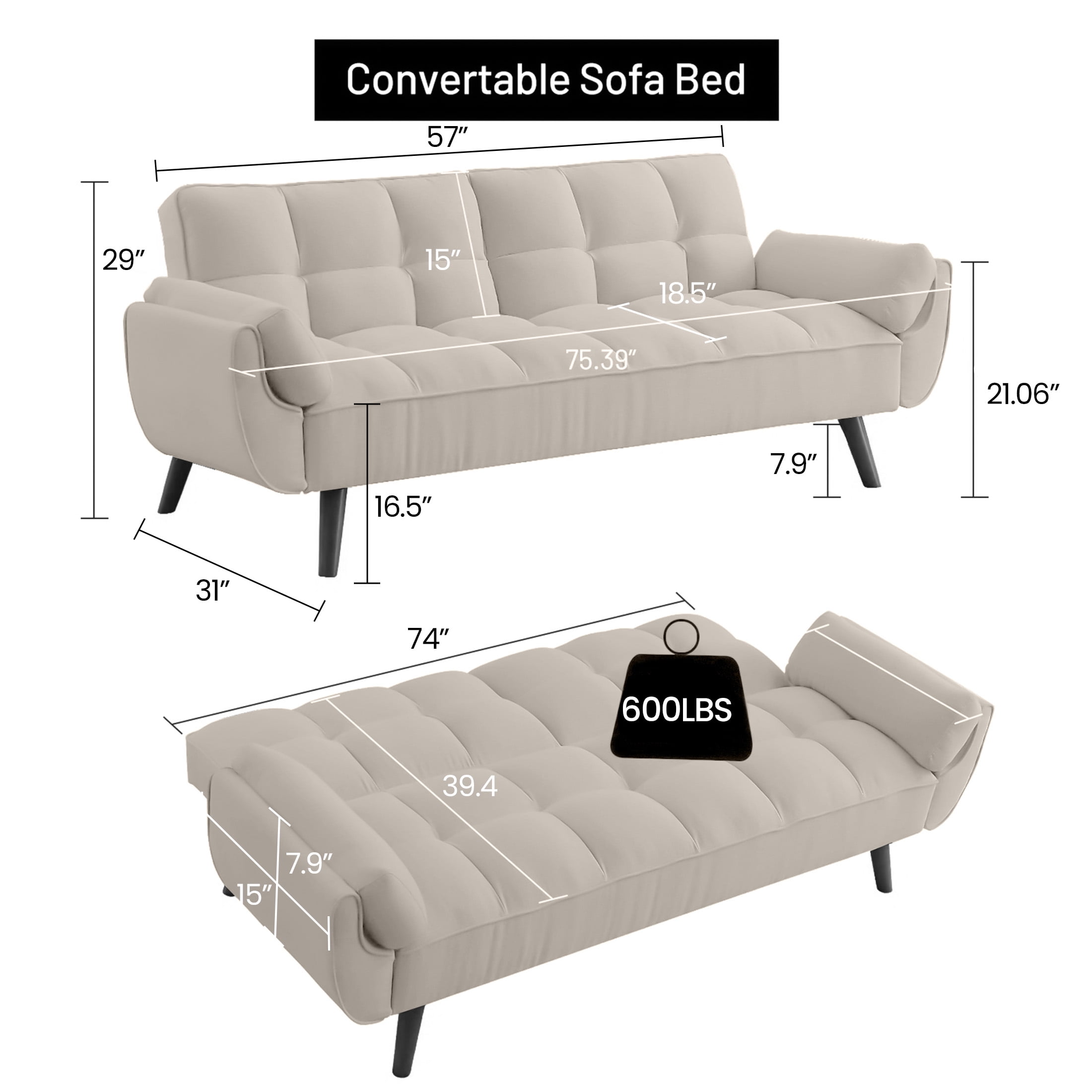 Aukfa 75" Flared Arm Futon Convertible Sofa Bed, Velvet Sleeper Couch for Home Office, Beige
