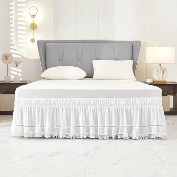 Ruffled Embroidered Tassel Bed Skirt, Elastic Dust Ruffle Bed Skirt, Twin Size Bed Skirt,Luxury Bedroom Decor,16 Inch Drop, (Twin)