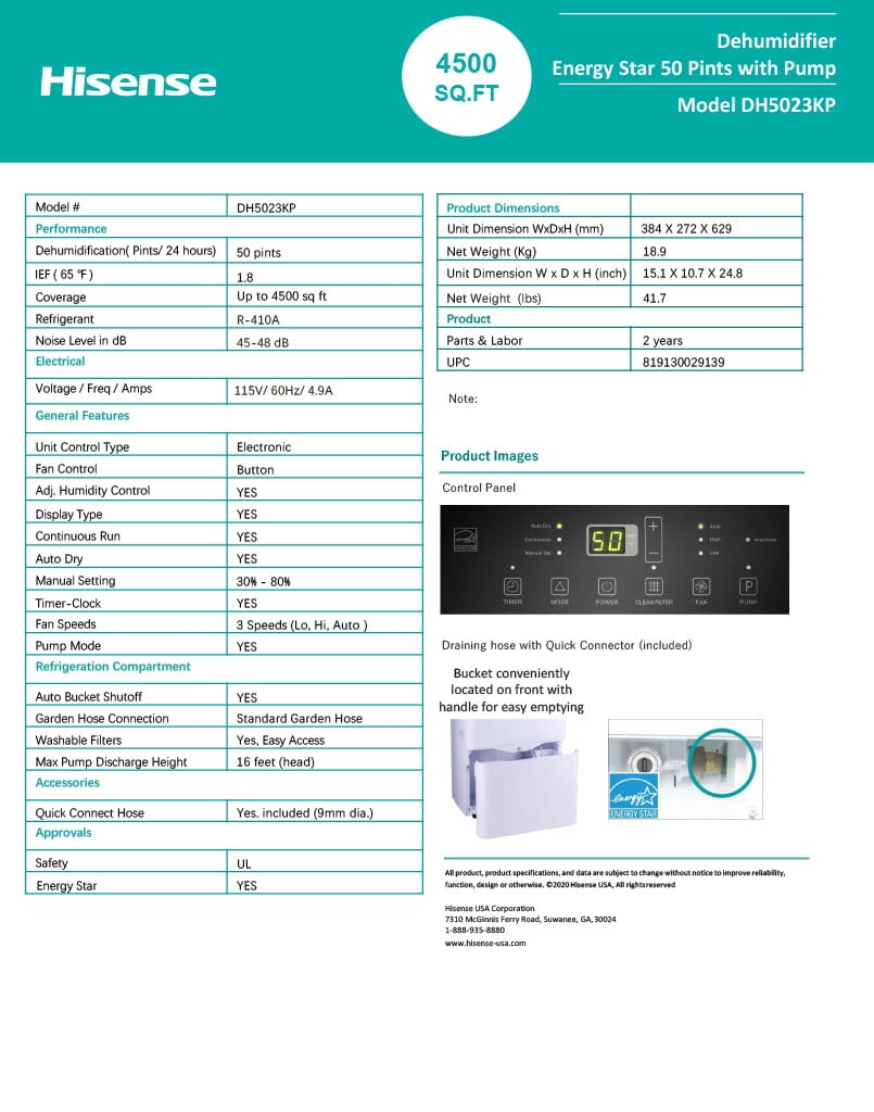 Restored Good Hisense Energy Star 50 Pint 3-Speed Dehumidifier, 4500 sq ft, 3 Speeds (Lo, Hi, Auto), Noise 48 dB - DH5023KP (Refurbished)