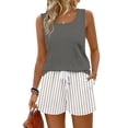 thumbnail image 2 of Striped Outfits for Women 2 Piece Sets Sleeveless Square Neck Tank Tops and Beach Shorts Set Loungewear Sets,Dark Gray,XL, 2 of 9