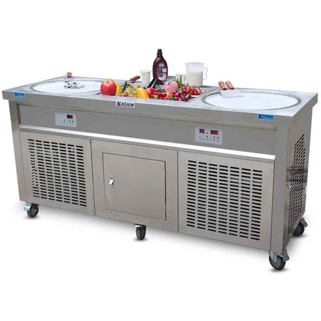 Kolice Commercial ETL NSF UL Fried Ice Cream Machine-Double 22" Round Pans,Smart Temperature Control,Transparent Sneeze Guard,10 Refrigerated Buckets