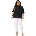 thumbnail image 3 of Blusa de mujer de tallas grandes Agnes Orinda para trabajo en oficina, con pliegues, de manga corta, cuello alto y mangas abullonadas, 3X, negra, 3 of 6