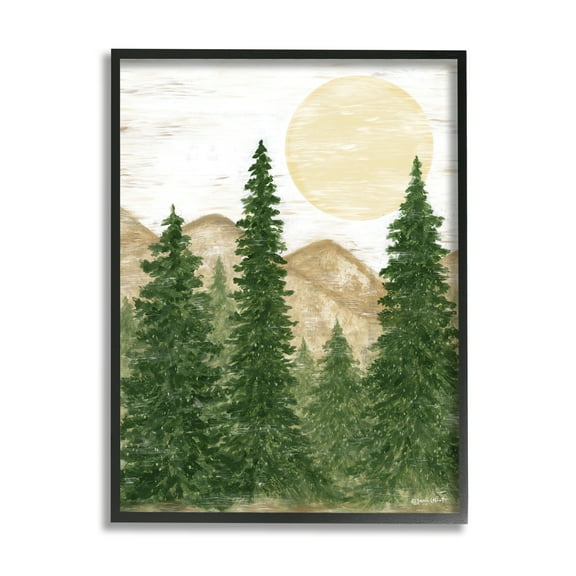 Stupell Rustic Mountain Sun Forest Trees Landscape Painting Black Framed Art Print Wall Art