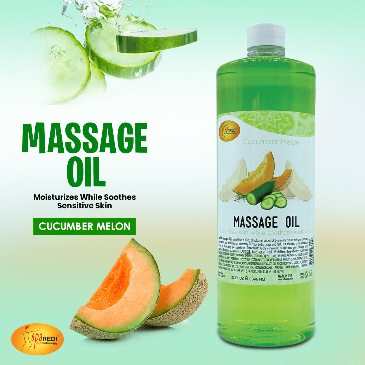 SPA REDI - Massage Oil, Cucumber Melon, 32 Oz - Professional Full Body Massage Therapy, Manicure, Pedicure - Relax Sore Muscles and Repair Dry Skin, Enhanced with High Absorption Oils and Vitamin E