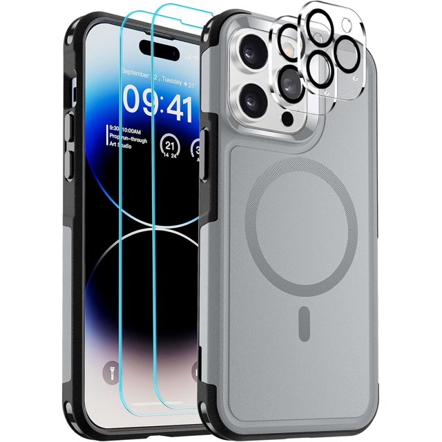 KOMI Magnetic for iPhone 14 Pro Max Case (Compatible with MagSafe) (12FT Military Grade Drop Protection) 2X Tempered (Glass Screen+Camera Lens Protector) Shockproof Phone Case 6.7 inch, Magnetic Gray