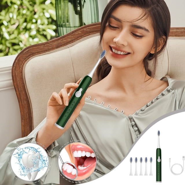 Xihbxyly Cepillo de Dientes Eléctrico, 5 Modos de Limpieza, 6 Cabezales de Repuesto, Recargable Por Usb, Carga Rápida, Resistente Al Agua Ipx7, Elimina Manchas Eficazmente, Ideal para Viajes, Blanco,