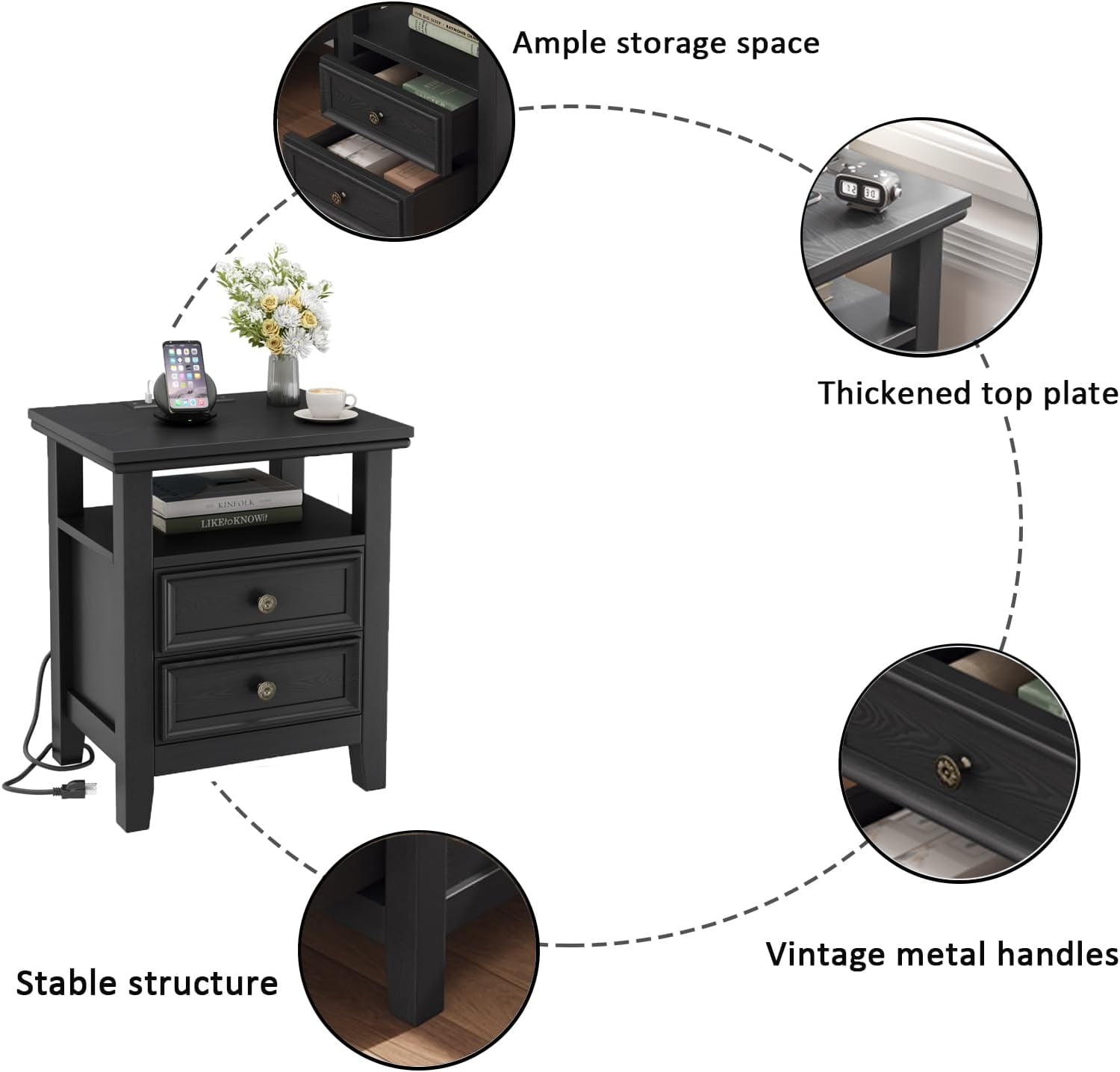 BOSHIRO Black Nightstand with Charging Station, 2-Drawer Modern Bedside End Table with USB Ports & AC Outlets, Night Stand with Open Shelf