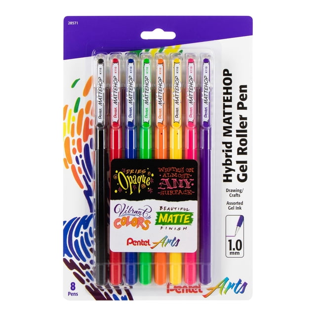 Pentel Arts Hybrid Mattehop Gel Roller 1,0 Mm Mate Colores Surtidos Paquete De 8 Bolígrafos (K110Vbp8M)