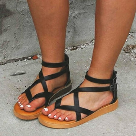 

Binmer Summer Women Flat Open Toe Breathable Sandals Buckle Strap Solid Color Shoes