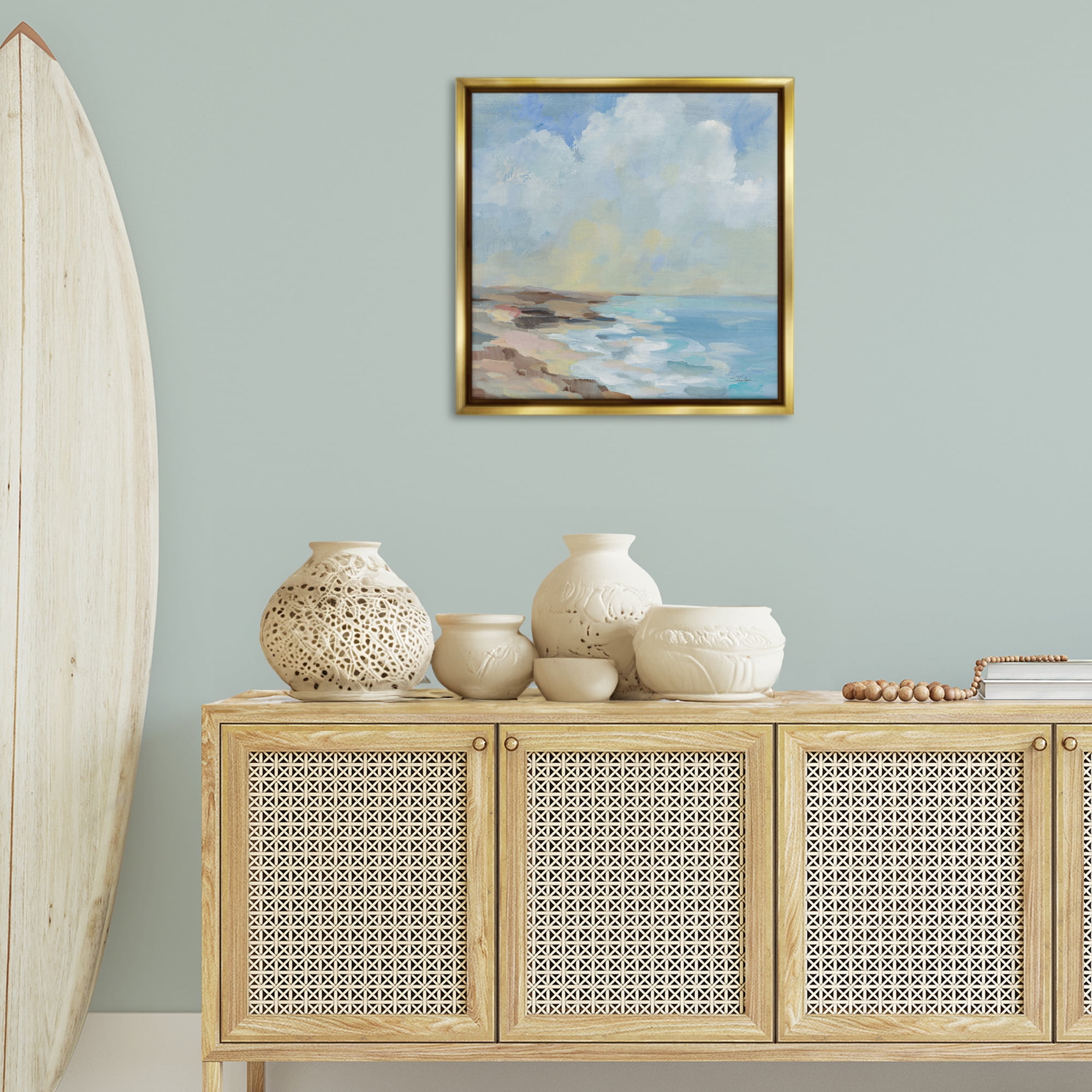 Stupell Industries By The Beach Shore Nautical & Beach Painting Gold Floater Framed Canvas Art Print Wall Art, 25 x 25